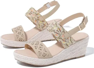 FAIRSOMA Women's Flax Ankle Strap Open Toe Espadrille Wedge Heels Sandals,Summer Classic Middle Heel Backless Platform Shoes Casual Retro Non-Slip Beach Sandals