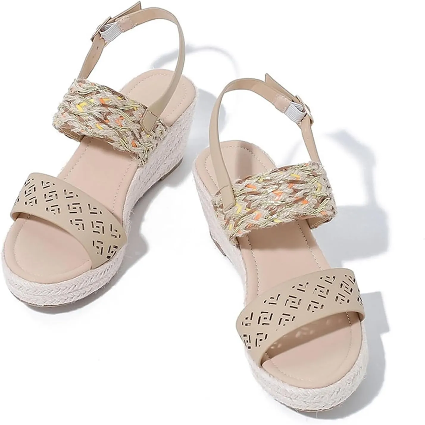 FAIRSOMA Women's Flax Ankle Strap Open Toe Espadrille Wedge Heels Sandals,Summer Classic Middle Heel Backless Platform Shoes Casual Retro Non-Slip Beach Sandals