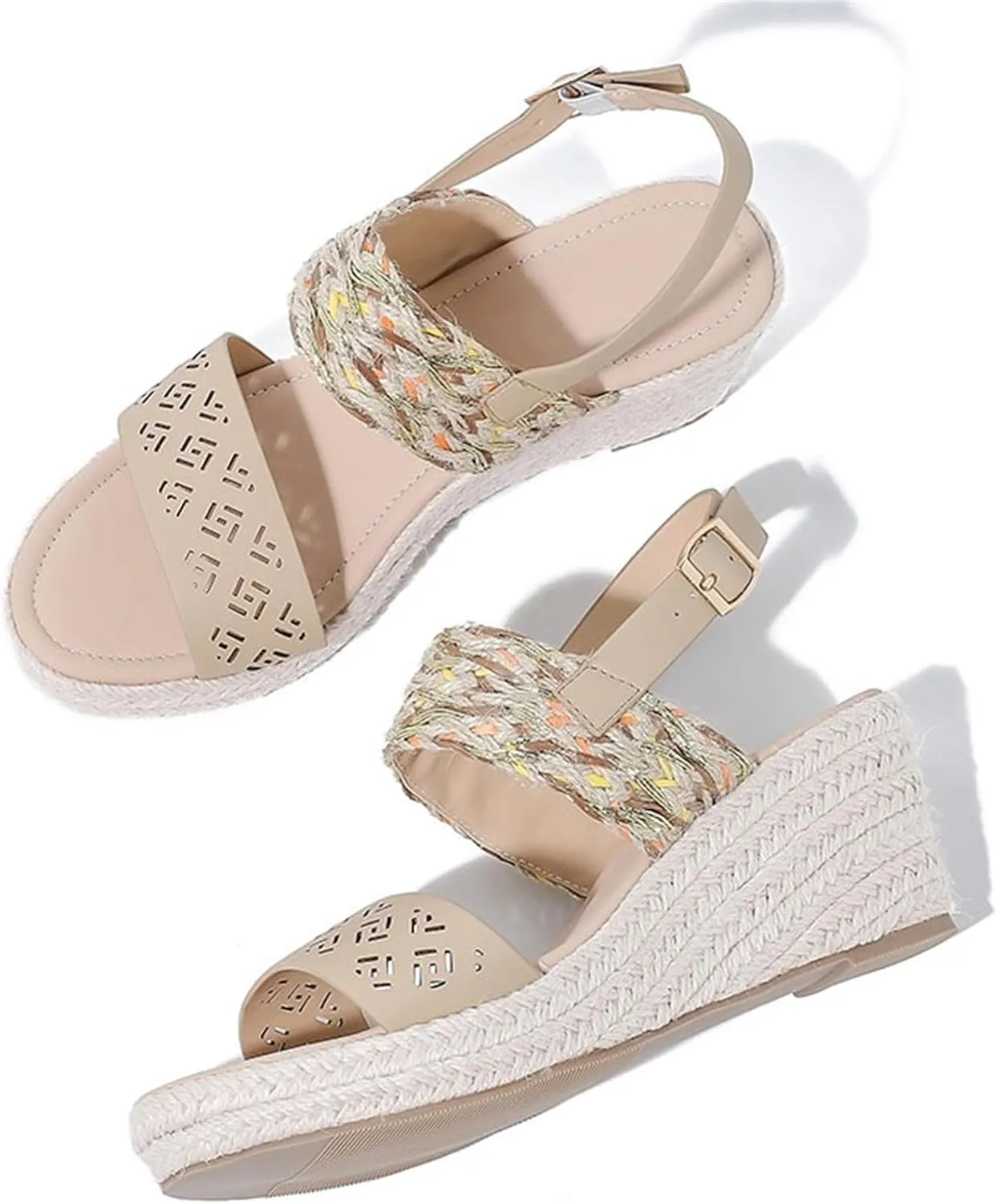 FAIRSOMA Women's Flax Ankle Strap Open Toe Espadrille Wedge Heels Sandals,Summer Classic Middle Heel Backless Platform Shoes Casual Retro Non-Slip Beach Sandals