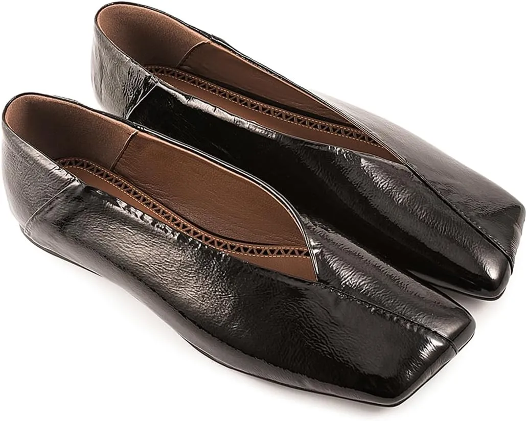 Fandimeier Women's Leather Soft Flat Ballet Shoes for Lady Silver Elegant Squared Toe Single Shoe