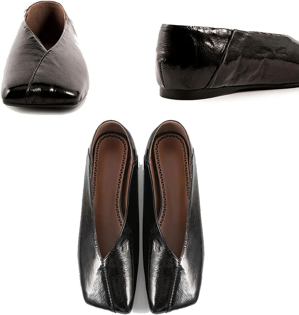 Fandimeier Women's Leather Soft Flat Ballet Shoes for Lady Silver Elegant Squared Toe Single Shoe