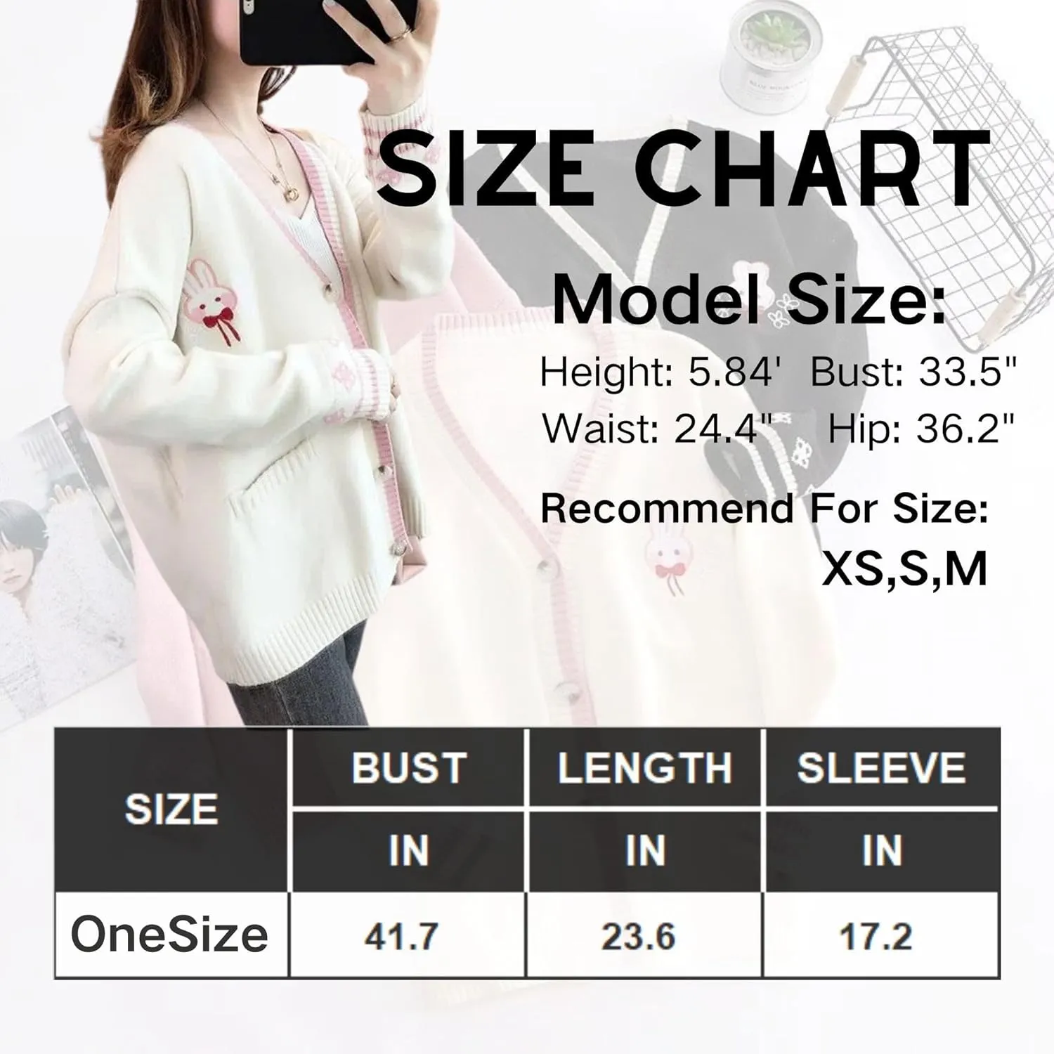 FindThy Women’s Cute Rabbit Embroidered Cardigan Long Sleeve Pocketed Kawaii Cardigans Sweater