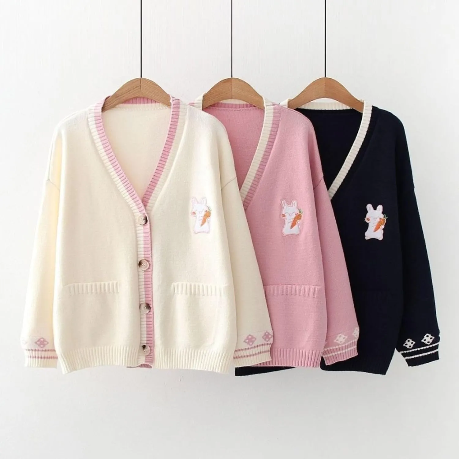 FindThy Women’s Cute Rabbit Embroidered Cardigan Long Sleeve Pocketed Kawaii Cardigans Sweater