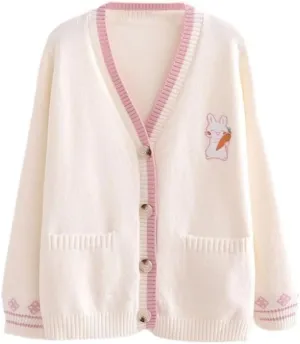 FindThy Women’s Cute Rabbit Embroidered Cardigan Long Sleeve Pocketed Kawaii Cardigans Sweater