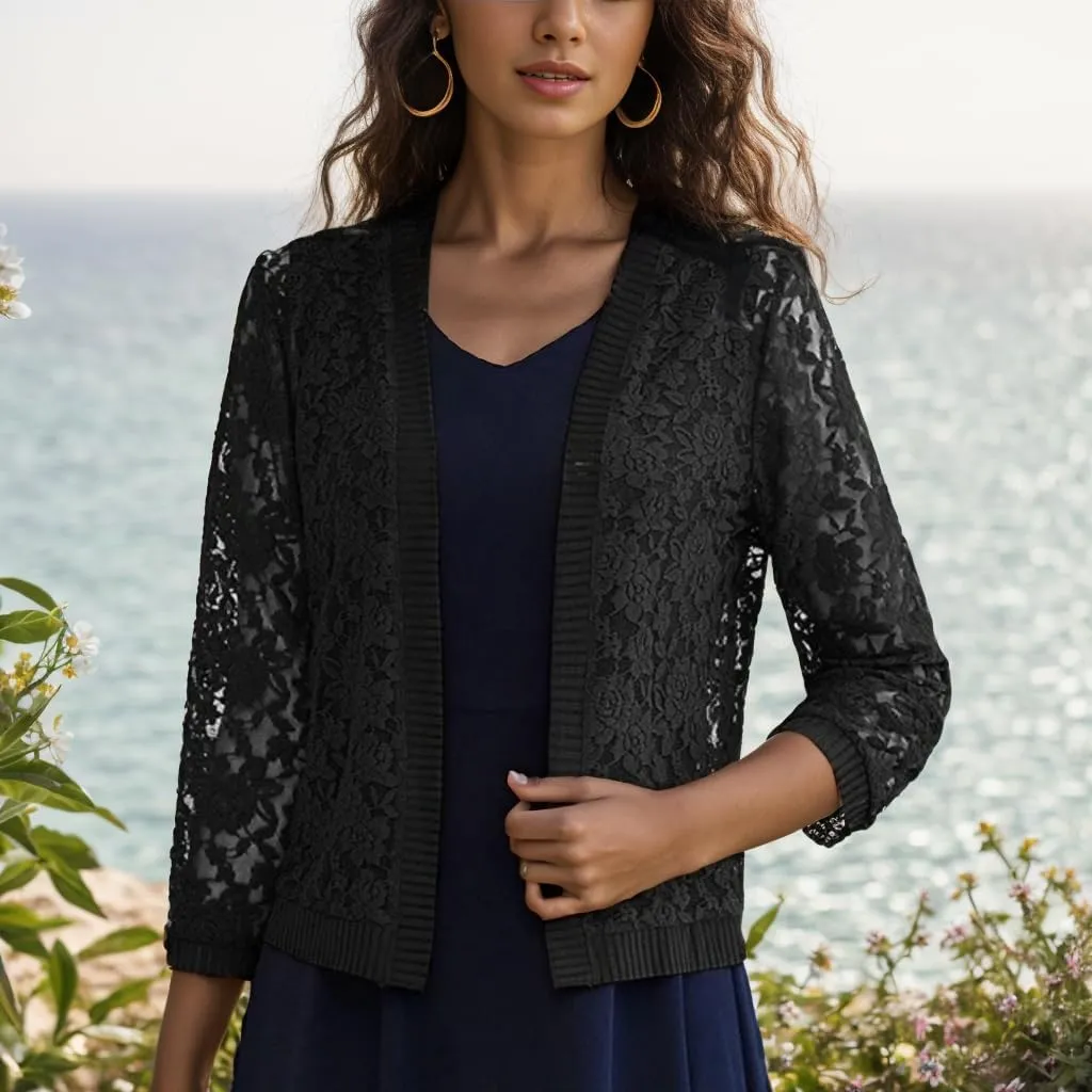 FindThy Women’s Open Front Lace Cardigan Long Sleeve Floral Crochet Summer Shrug Cover Ups