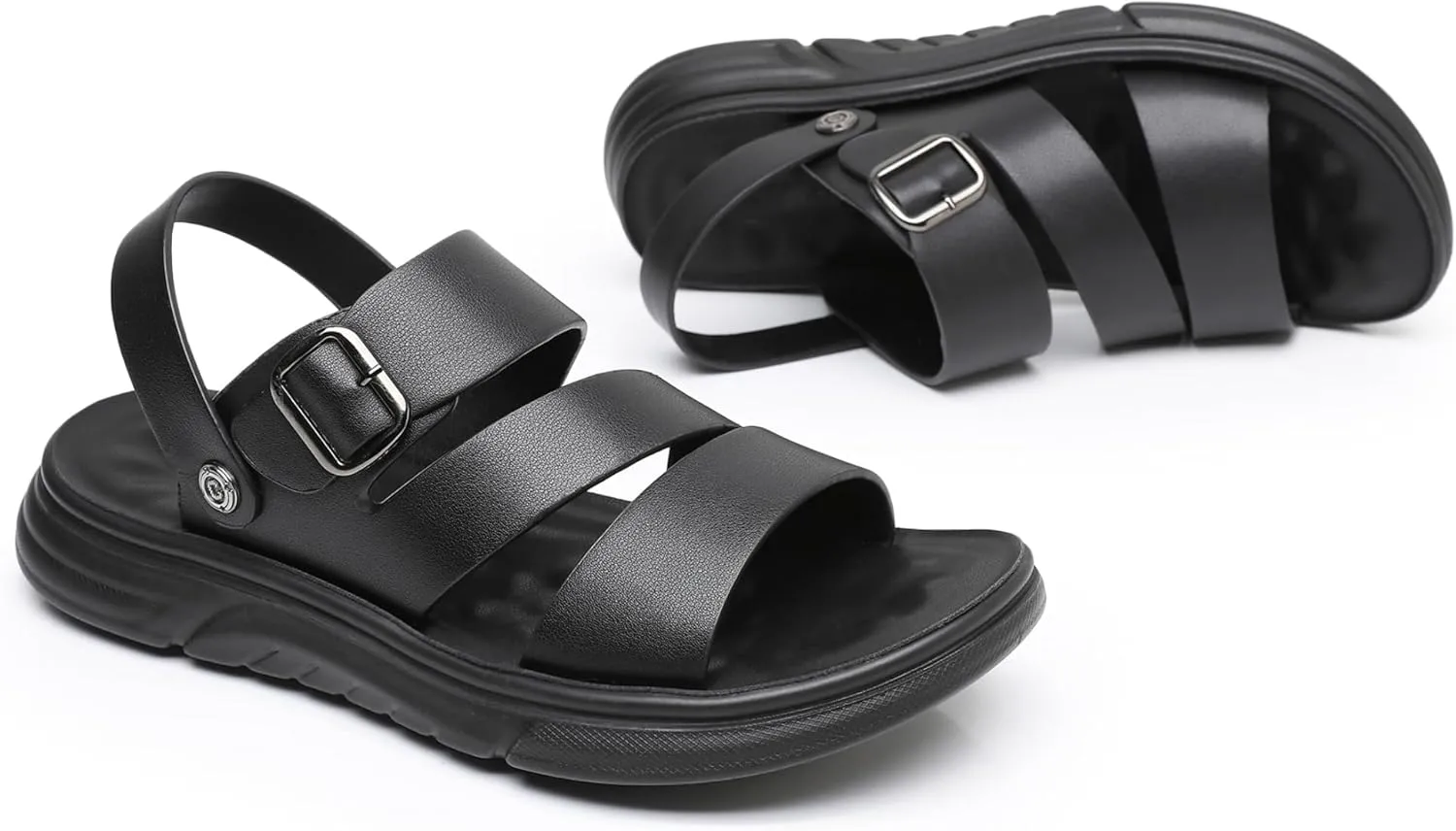 Finishing & Sewing Men's Leather Comfort Beach Sandals with Adjustable Buckle Strap