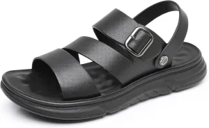Finishing & Sewing Men's Leather Comfort Beach Sandals with Adjustable Buckle Strap