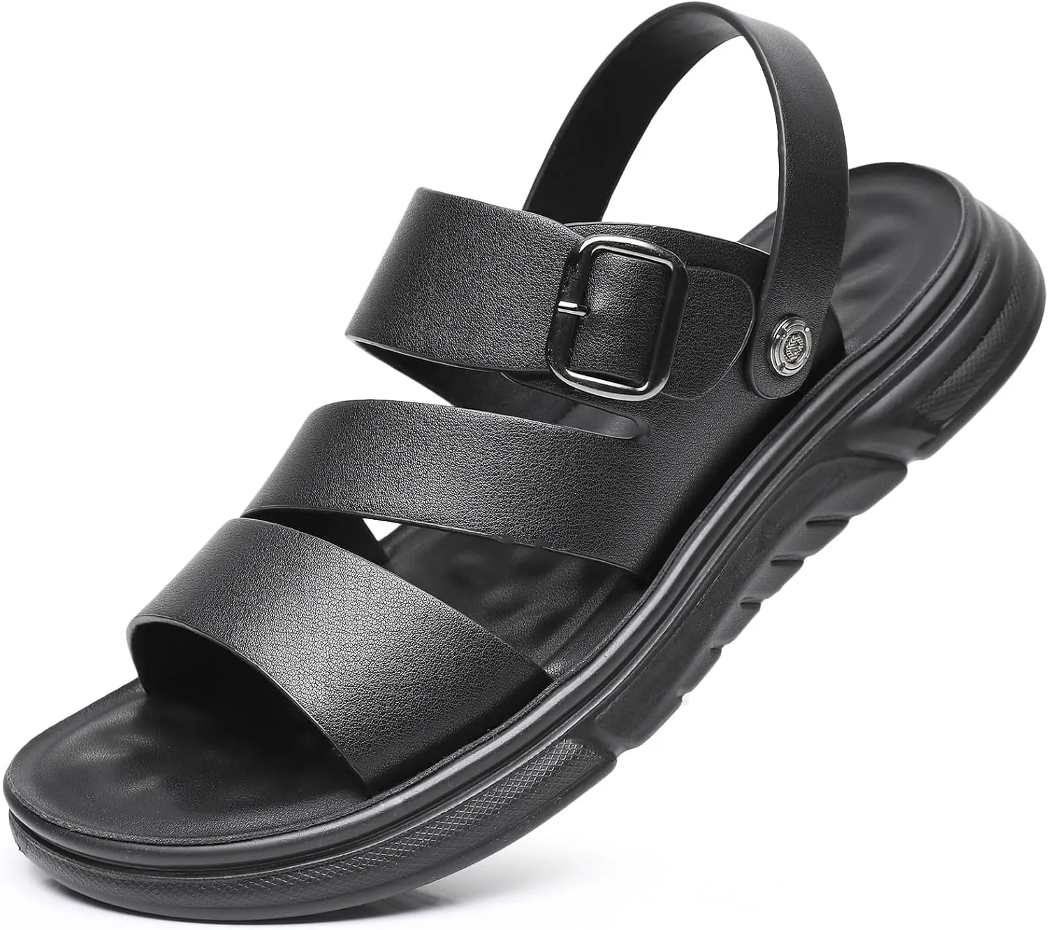 Finishing & Sewing Men's Leather Comfort Beach Sandals with Adjustable Buckle Strap