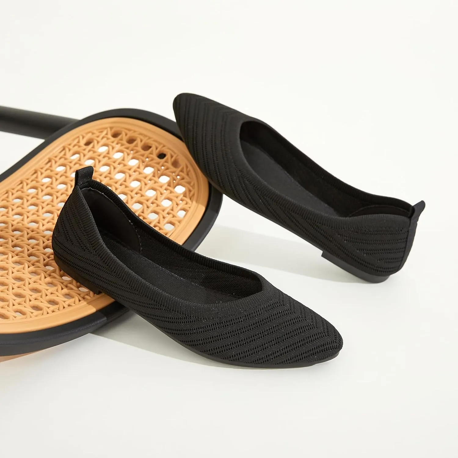 Flats for Women Black Dress Shoes Comfortable Ballet Flats Casual Pointed Foldable Knitted Fashionable Shoes