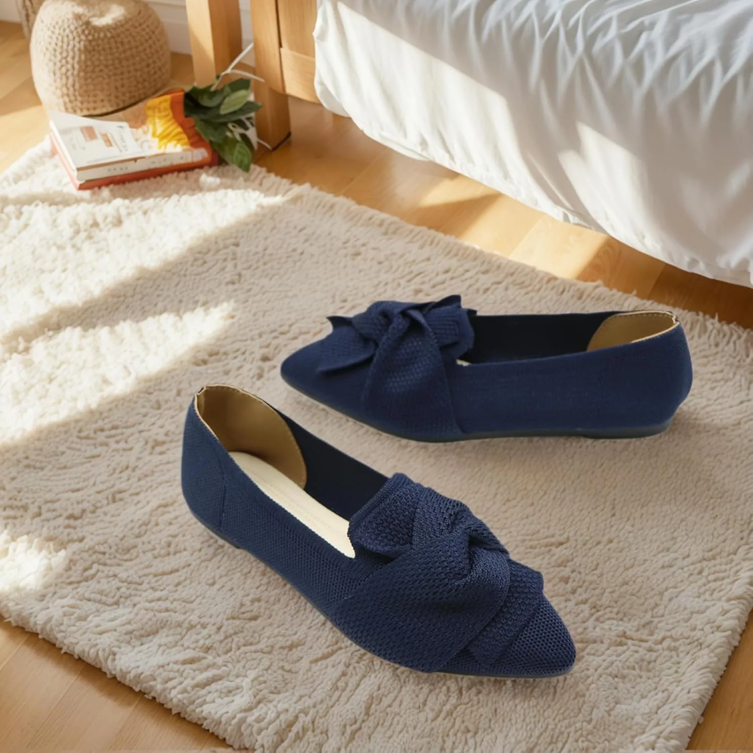 Flats for Women Featuring Pointed Toe, Elegant Bow, and Comfortable Knit, Softable Classical Shoes