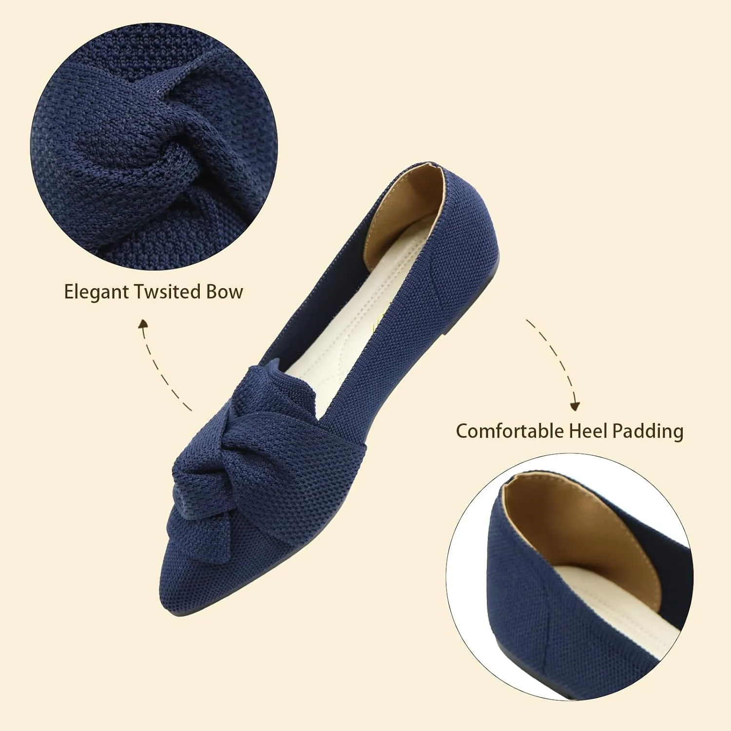 Flats for Women Featuring Pointed Toe, Elegant Bow, and Comfortable Knit, Softable Classical Shoes