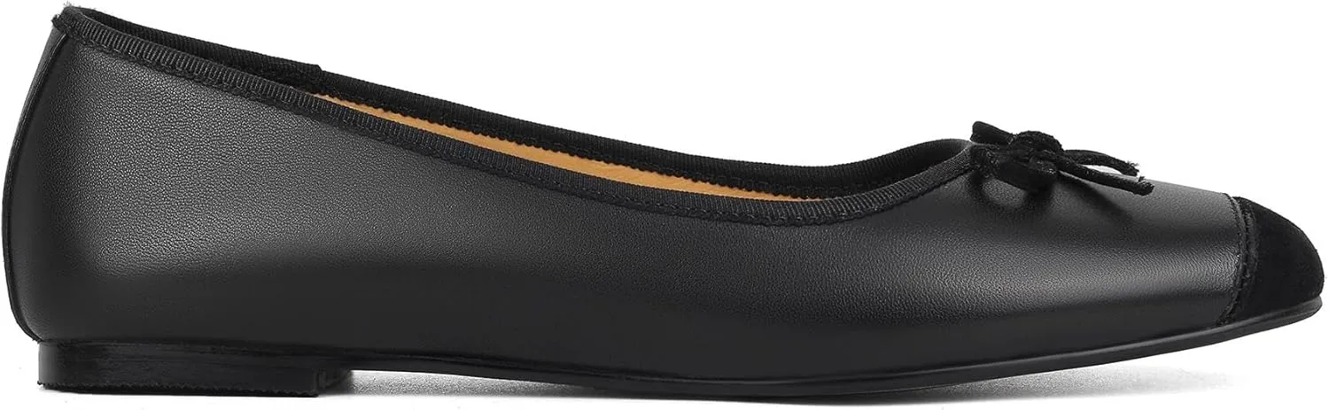 Flats for Women Lambskin Leather Ballet Flats Square Toe Two Tone Bowknot Flats Comfortable Work Dress Shoes