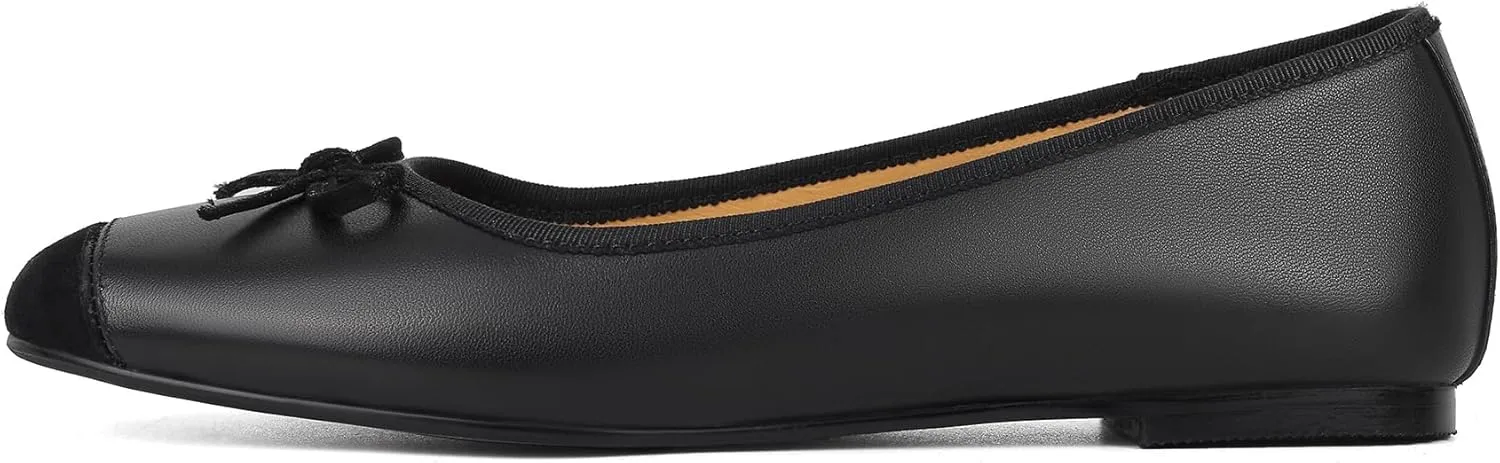 Flats for Women Lambskin Leather Ballet Flats Square Toe Two Tone Bowknot Flats Comfortable Work Dress Shoes