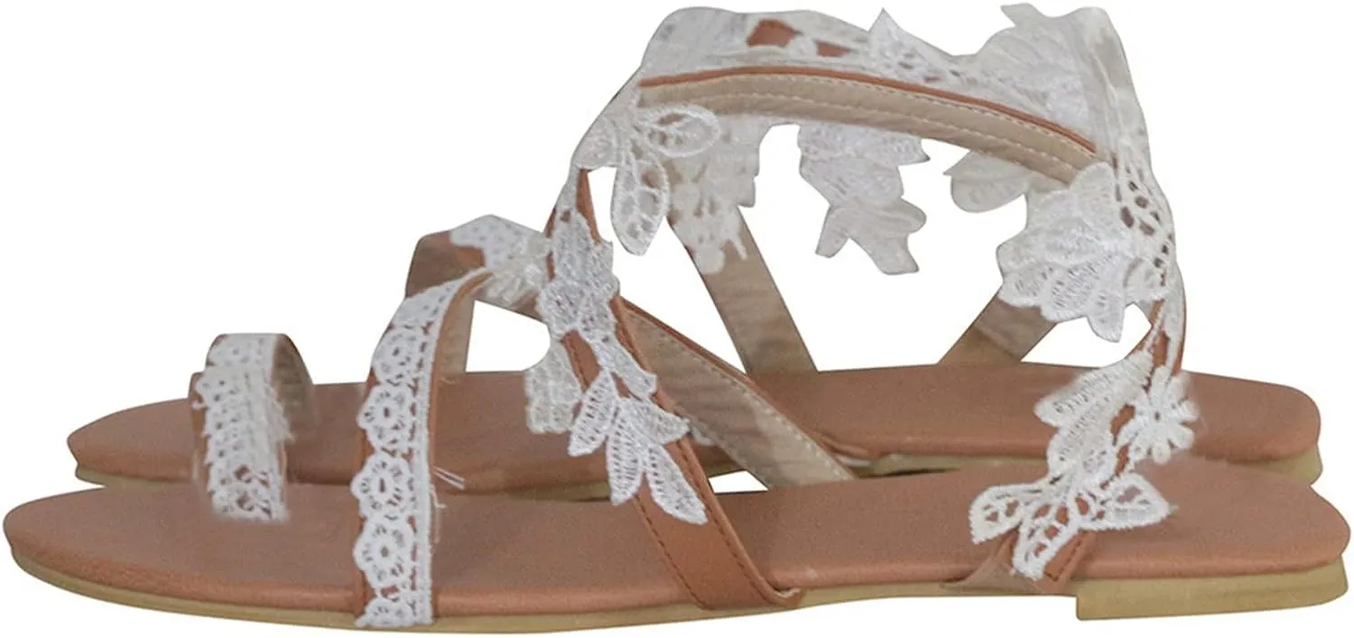 Flats Sandals for Women Daisy Flower Strap Sandals Summer Casual Toe Ring Flat Strap Beach Dressy Sandals,White,US9/EU41