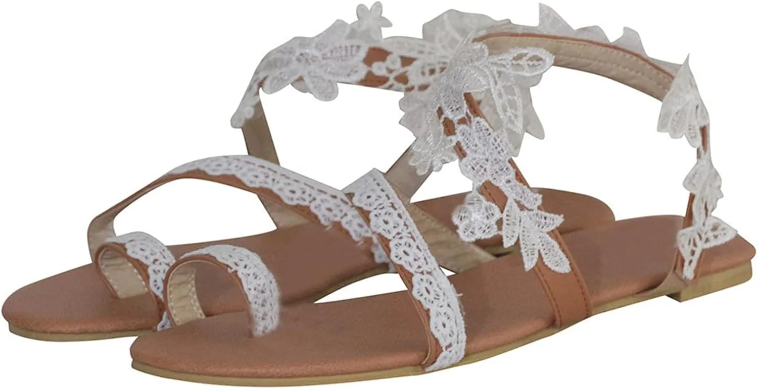 Flats Sandals for Women Daisy Flower Strap Sandals Summer Casual Toe Ring Flat Strap Beach Dressy Sandals,White,US9/EU41