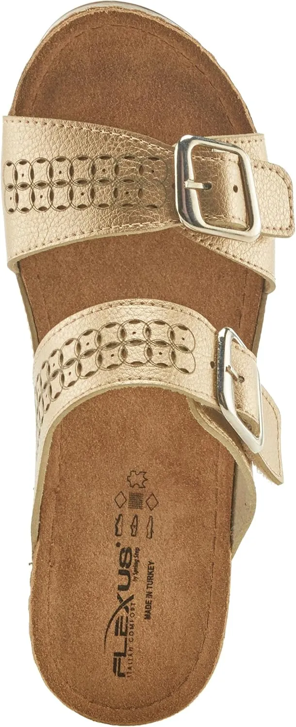 Flexus Women's Thrume Slide Sandals – Stylish Double Strap with Buckle Accents, Leather Insole & Anti-Shock Slip-Resistant Sole