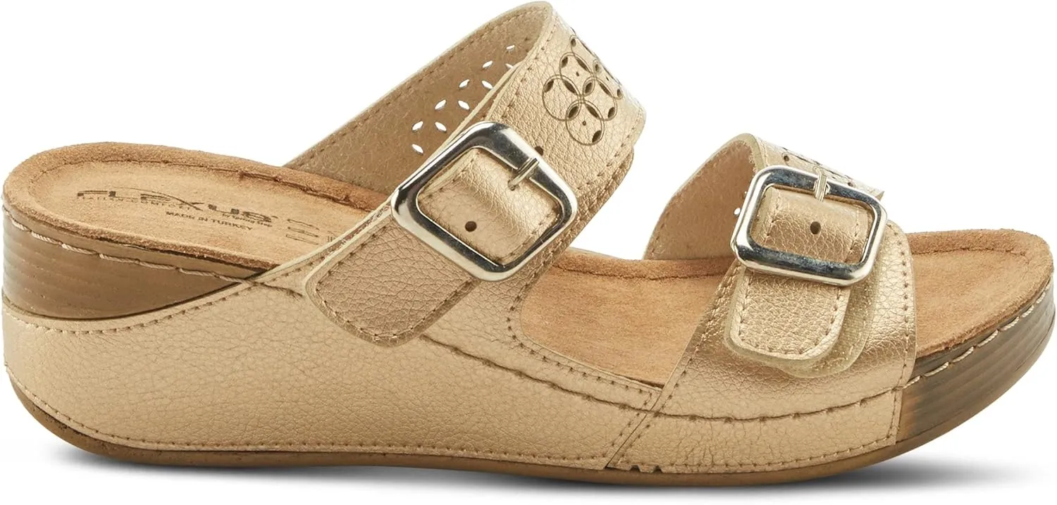 Flexus Women's Thrume Slide Sandals – Stylish Double Strap with Buckle Accents, Leather Insole & Anti-Shock Slip-Resistant Sole