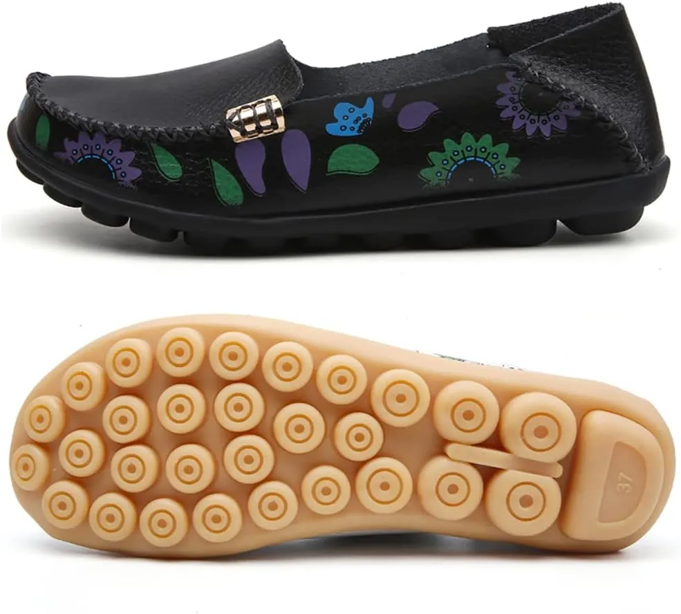 FolHaoth Women's Comfortable Leather Loafers Floral Print Slip On Moccasins Flats Casual Shoes for Women Round Toe Walking Nurse Breathable Driving Fashion Soft Shoes