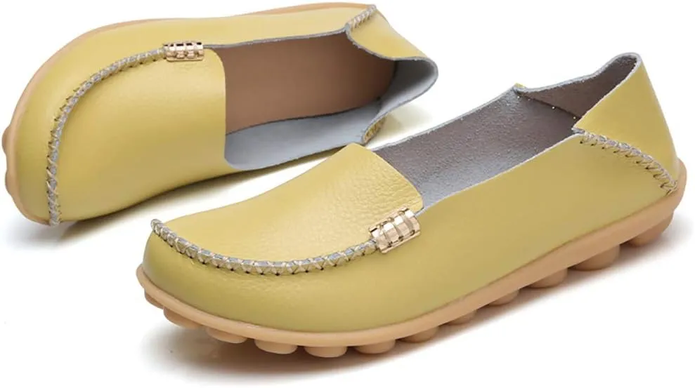 FolHaoth Women's Comfortable Leather Loafers Slip On Flats Casual Round Toe Moccasins Wild Walking Nurse Breathable Driving Fashion Soft Shoes