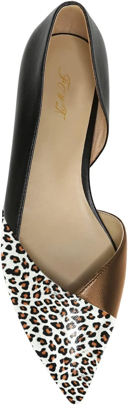 FOWT Spring Two-Toned Leather Leopard Print Patchwork Half D'Orsay Flats Chic Sexy Pointed Toe Slip on Low Heel Shoes Elegant Simple Office Black Ballet Flats for Women, US Size 4-16 M