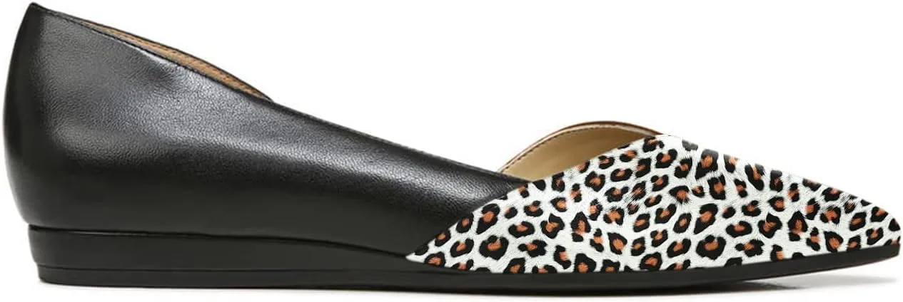 FOWT Spring Two-Toned Leather Leopard Print Patchwork Half D'Orsay Flats Chic Sexy Pointed Toe Slip on Low Heel Shoes Elegant Simple Office Black Ballet Flats for Women, US Size 4-16 M