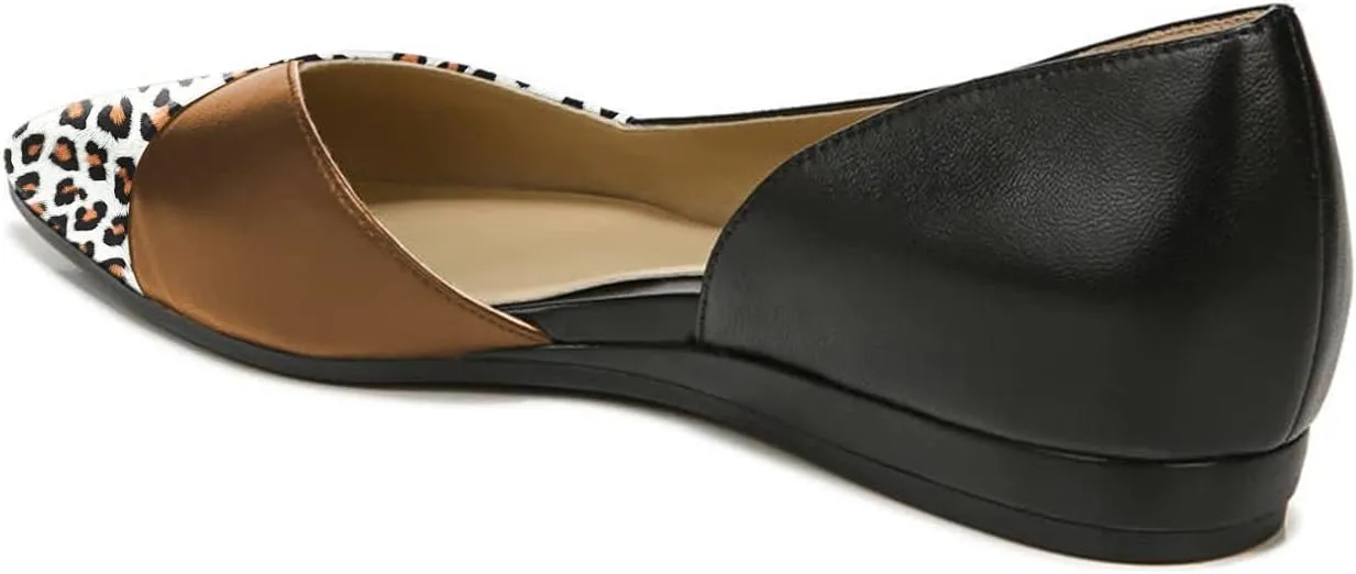 FOWT Spring Two-Toned Leather Leopard Print Patchwork Half D'Orsay Flats Chic Sexy Pointed Toe Slip on Low Heel Shoes Elegant Simple Office Black Ballet Flats for Women, US Size 4-16 M
