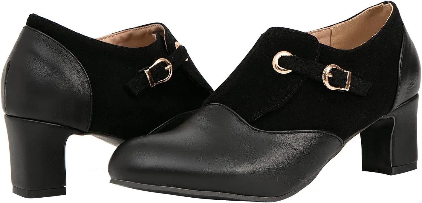 getmorebeauty Women's Pumps Shoes Low Chunky Block Heels Buckle Leather Boots Slip-on Loafers Business Pumps