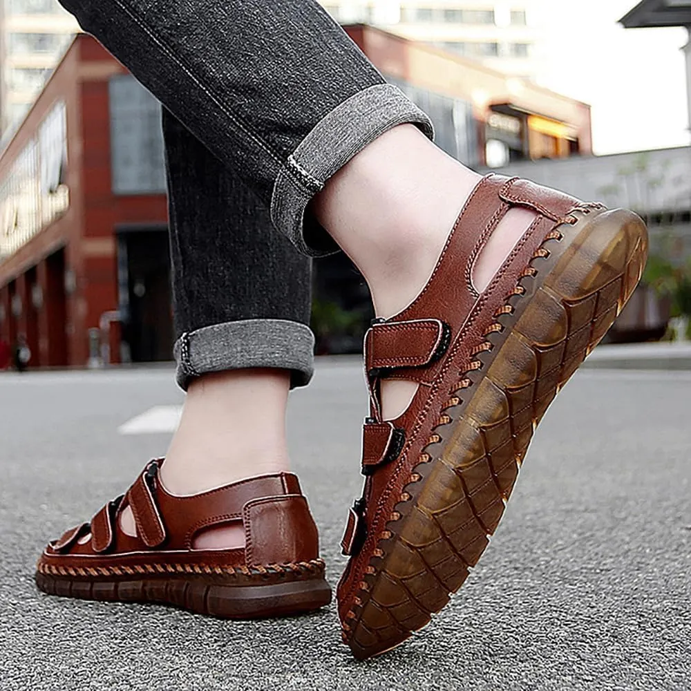 GEXECEUSS Sandals for Men Closed Toe Leather Sport Sandals Fisherman Sandals Outdoor Casual Walking Sandals Summer Water Shoes Beach Wading Shoes