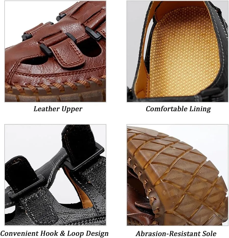 GEXECEUSS Sandals for Men Closed Toe Leather Sport Sandals Fisherman Sandals Outdoor Casual Walking Sandals Summer Water Shoes Beach Wading Shoes