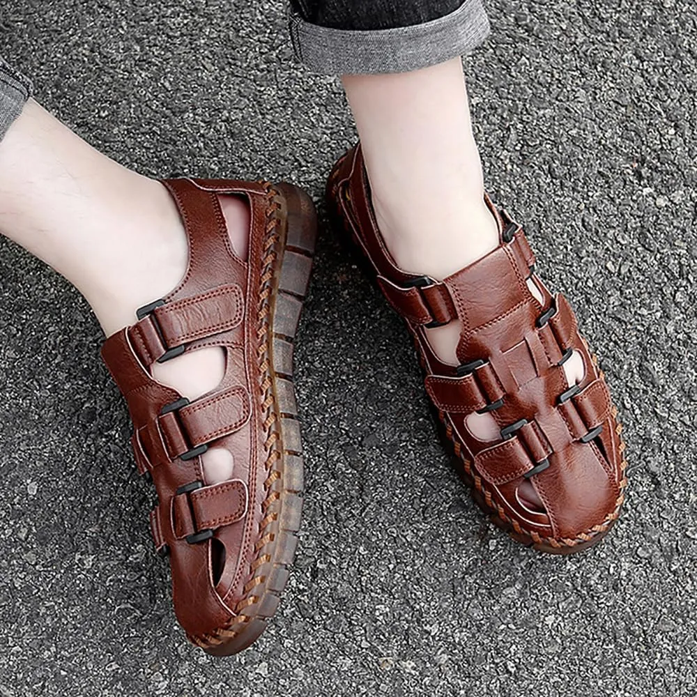 GEXECEUSS Sandals for Men Closed Toe Leather Sport Sandals Fisherman Sandals Outdoor Casual Walking Sandals Summer Water Shoes Beach Wading Shoes