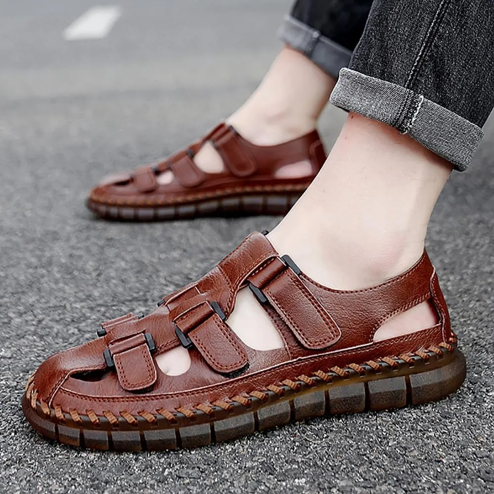 GEXECEUSS Sandals for Men Closed Toe Leather Sport Sandals Fisherman Sandals Outdoor Casual Walking Sandals Summer Water Shoes Beach Wading Shoes