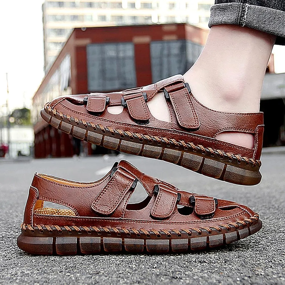 GEXECEUSS Sandals for Men Closed Toe Leather Sport Sandals Fisherman Sandals Outdoor Casual Walking Sandals Summer Water Shoes Beach Wading Shoes