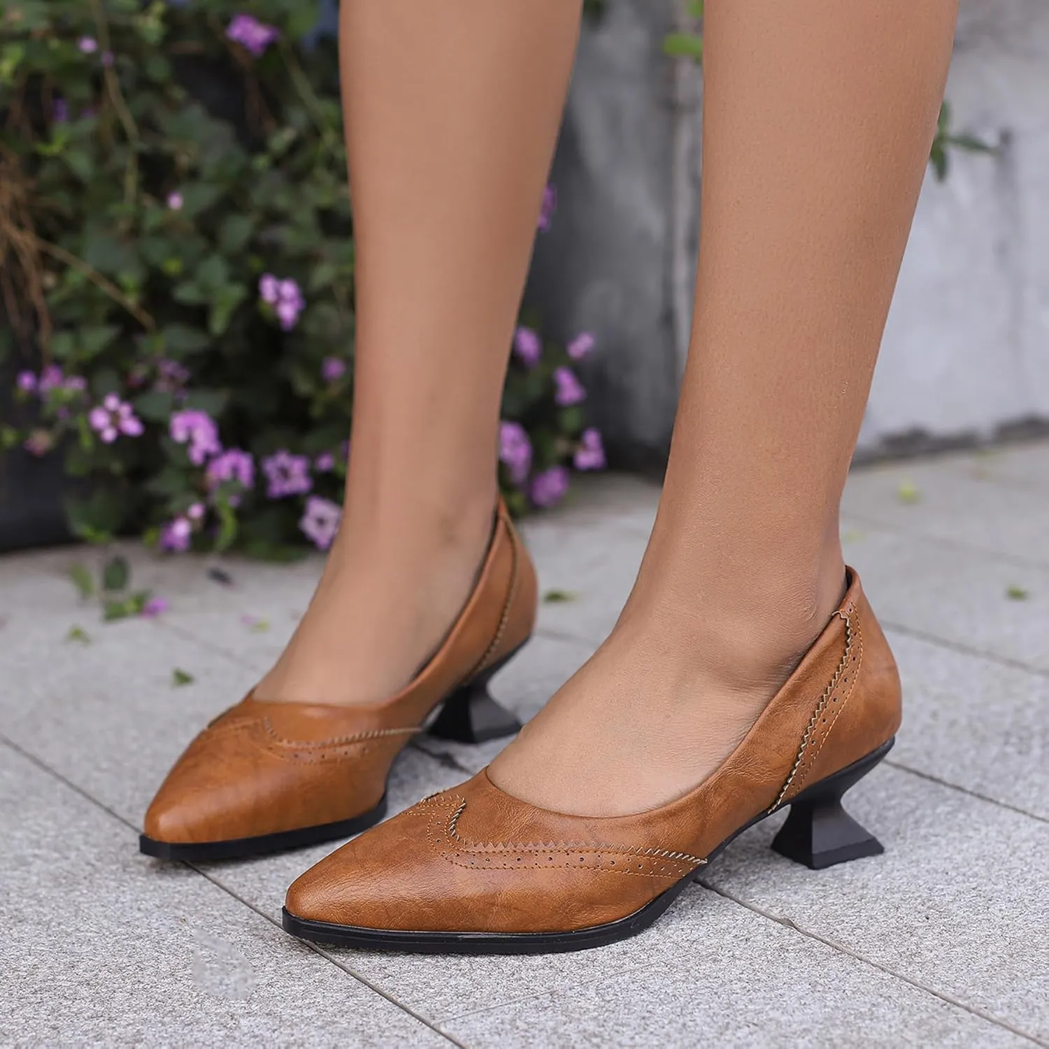 Gicoiz Women Comfy Low Kitten Heel Loafers Office Brogue Pumps
