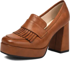 Gicoiz Womens Chunky High Heeled Loafers Office Work Court Shoes