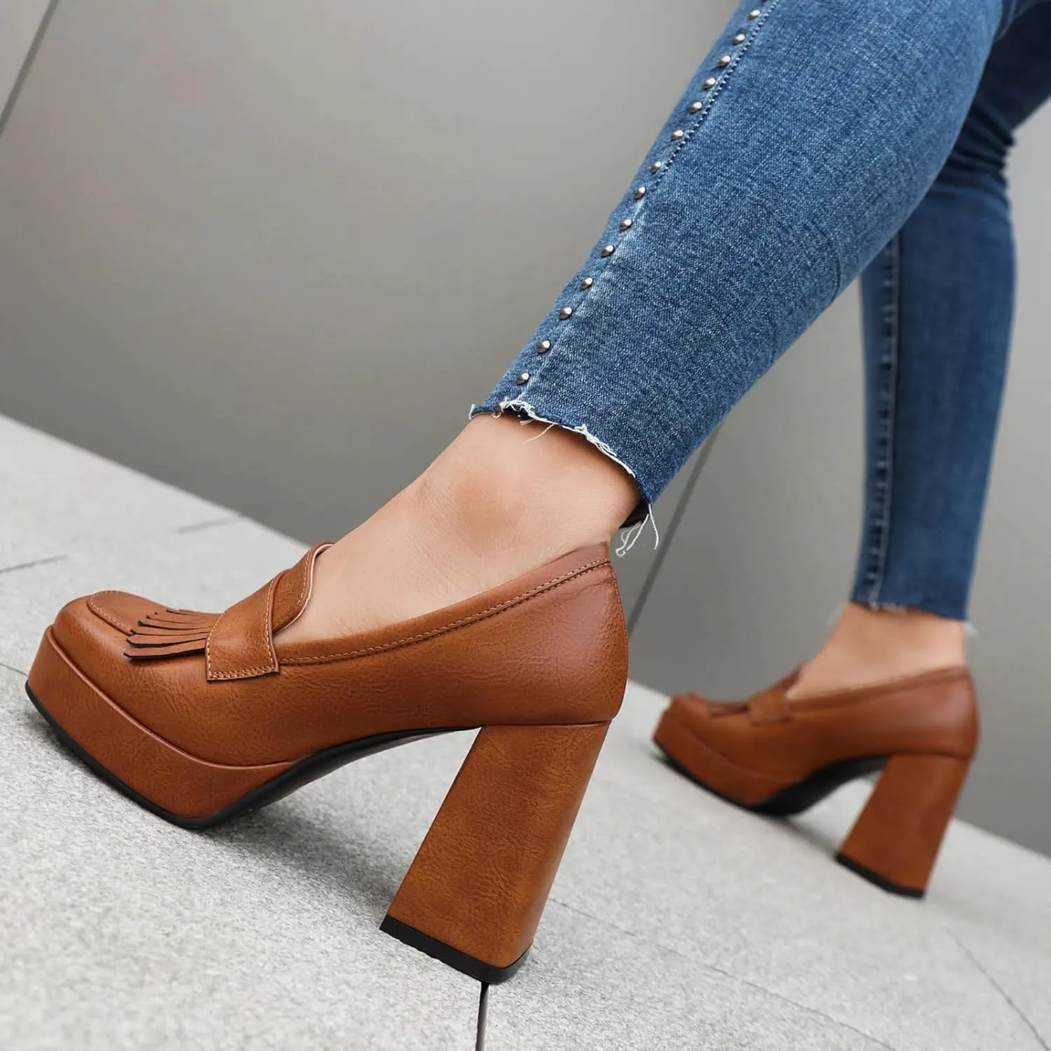 Gicoiz Womens Chunky High Heeled Loafers Office Work Court Shoes