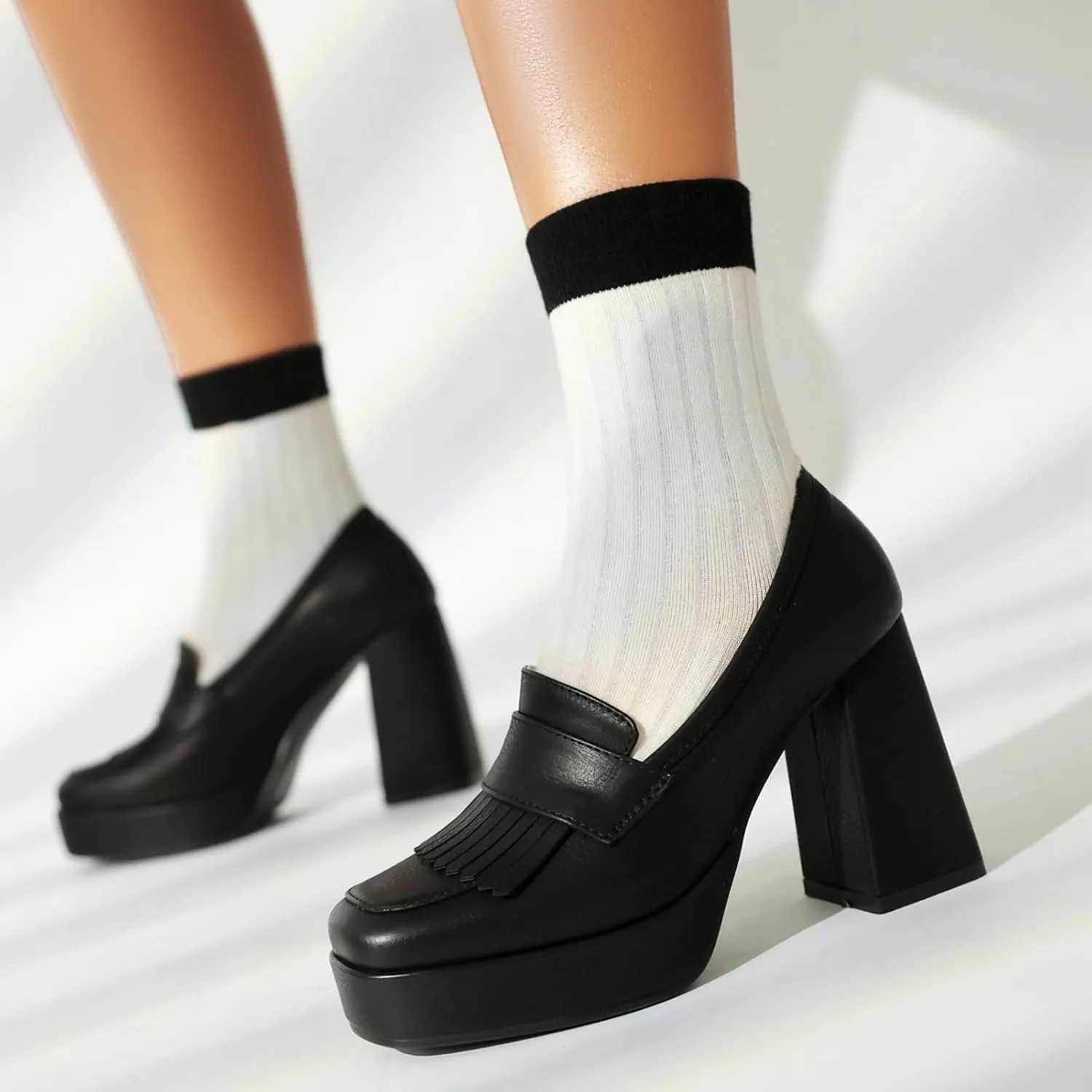 Gicoiz Womens Chunky High Heeled Loafers Office Work Court Shoes
