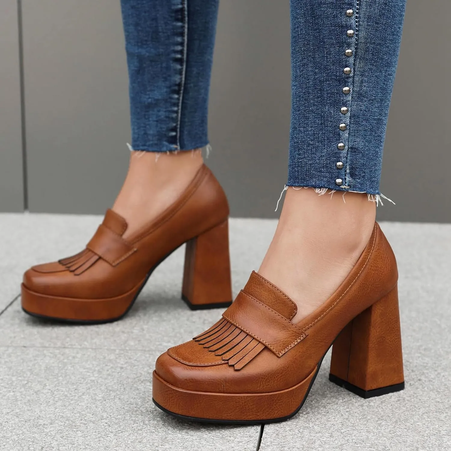 Gicoiz Womens Chunky High Heeled Loafers Office Work Court Shoes