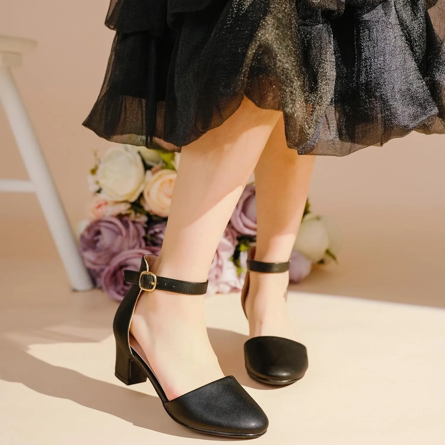 Girls Dress Shoes Closed Toe Chunky High Heels Ankle Strap Wedding Party Pump Shoes