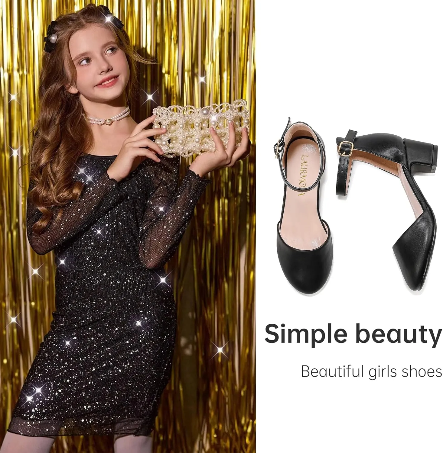 Girls Dress Shoes Closed Toe Chunky High Heels Ankle Strap Wedding Party Pump Shoes