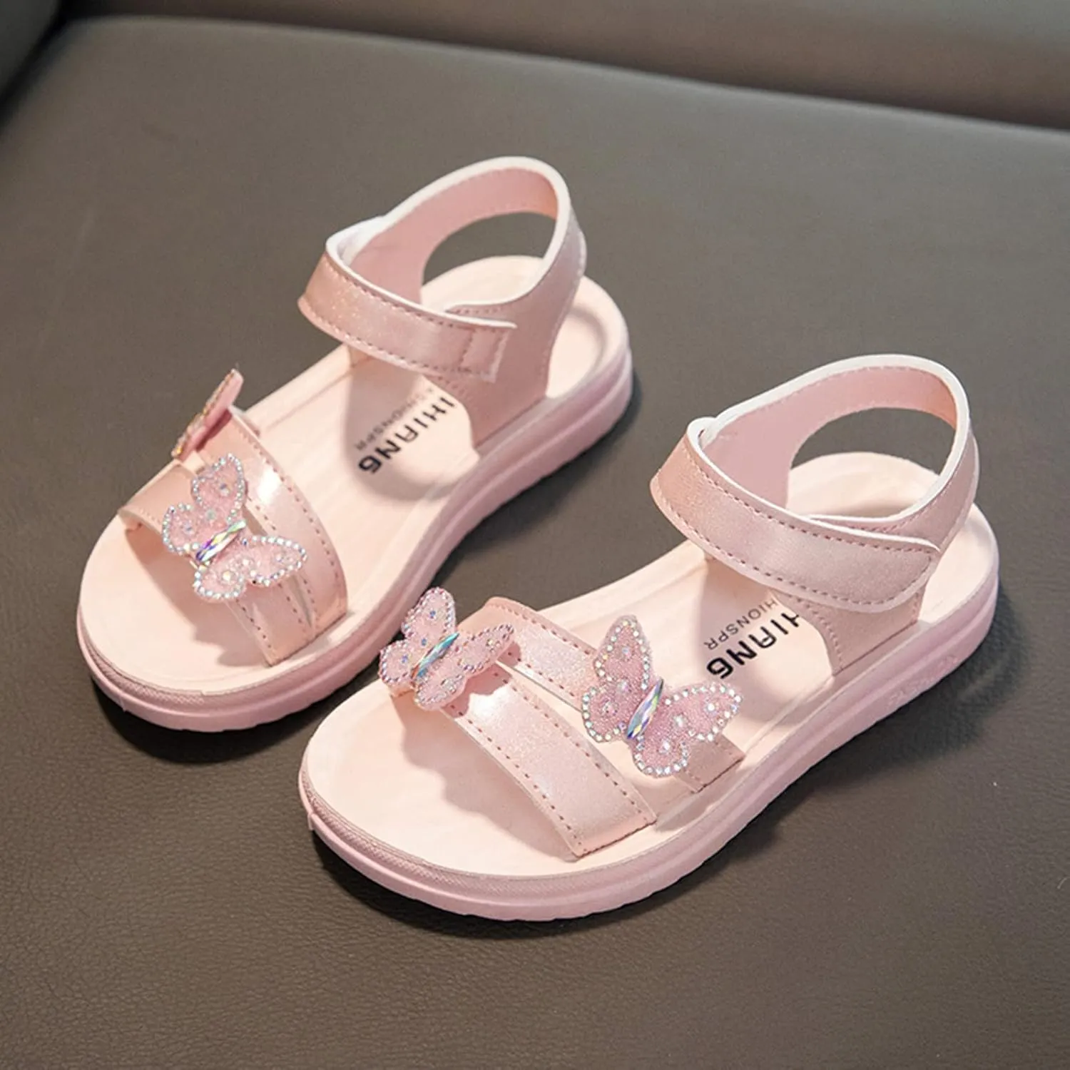 Girls Sandals Butterfly School Party Flat Sandal Anti-Slip Open Toe Double Strap Summer Dress Shoes