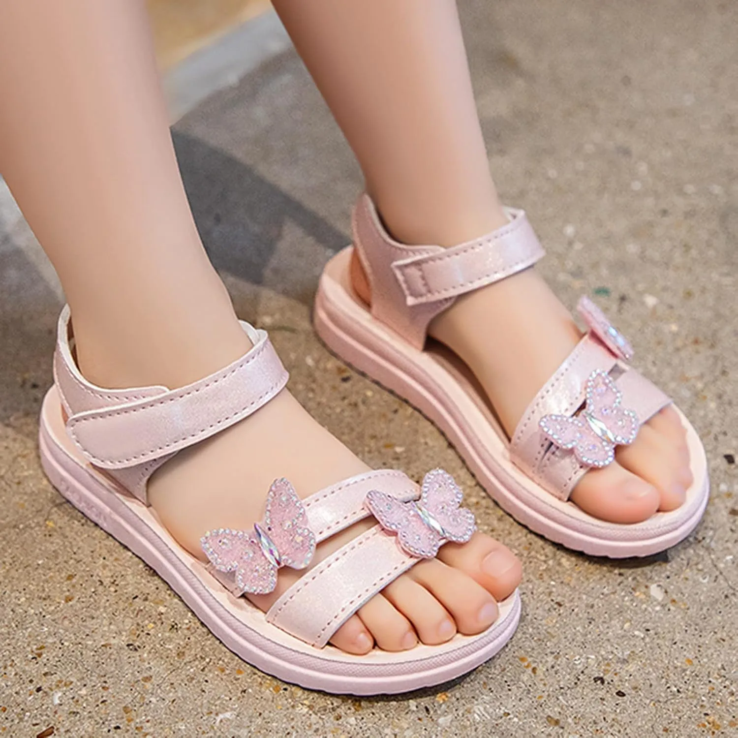 Girls Sandals Butterfly School Party Flat Sandal Anti-Slip Open Toe Double Strap Summer Dress Shoes