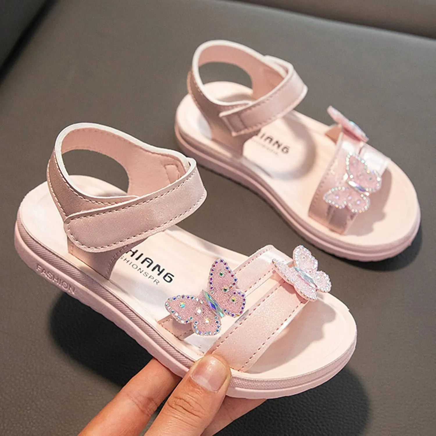 Girls Sandals Butterfly School Party Flat Sandal Anti-Slip Open Toe Double Strap Summer Dress Shoes