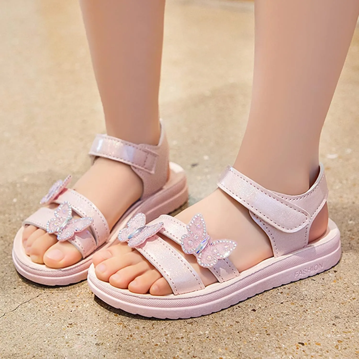 Girls Sandals Butterfly School Party Flat Sandal Anti-Slip Open Toe Double Strap Summer Dress Shoes