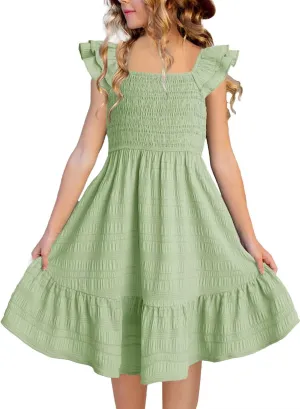 Girls Summer Dresses Cute Double Layer Ruffle Sleeve Smocked Flowy Dress 6-15 Years