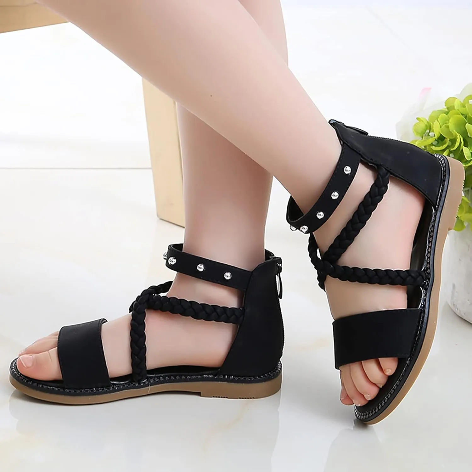 Girls Vintage Roman Sandals Kids Strappy High Top Soft Sole Beach Shoes Flat Open Toe Sandals Toddler Slippers