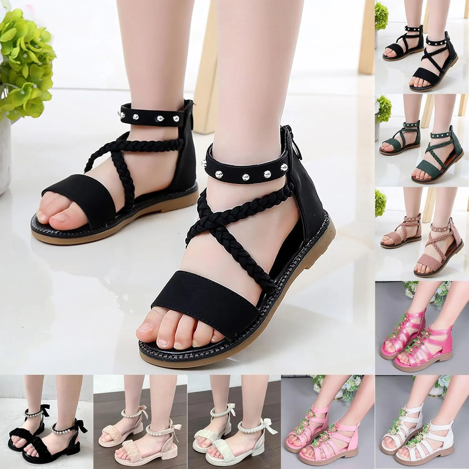 Girls Vintage Roman Sandals Kids Strappy High Top Soft Sole Beach Shoes Flat Open Toe Sandals Toddler Slippers