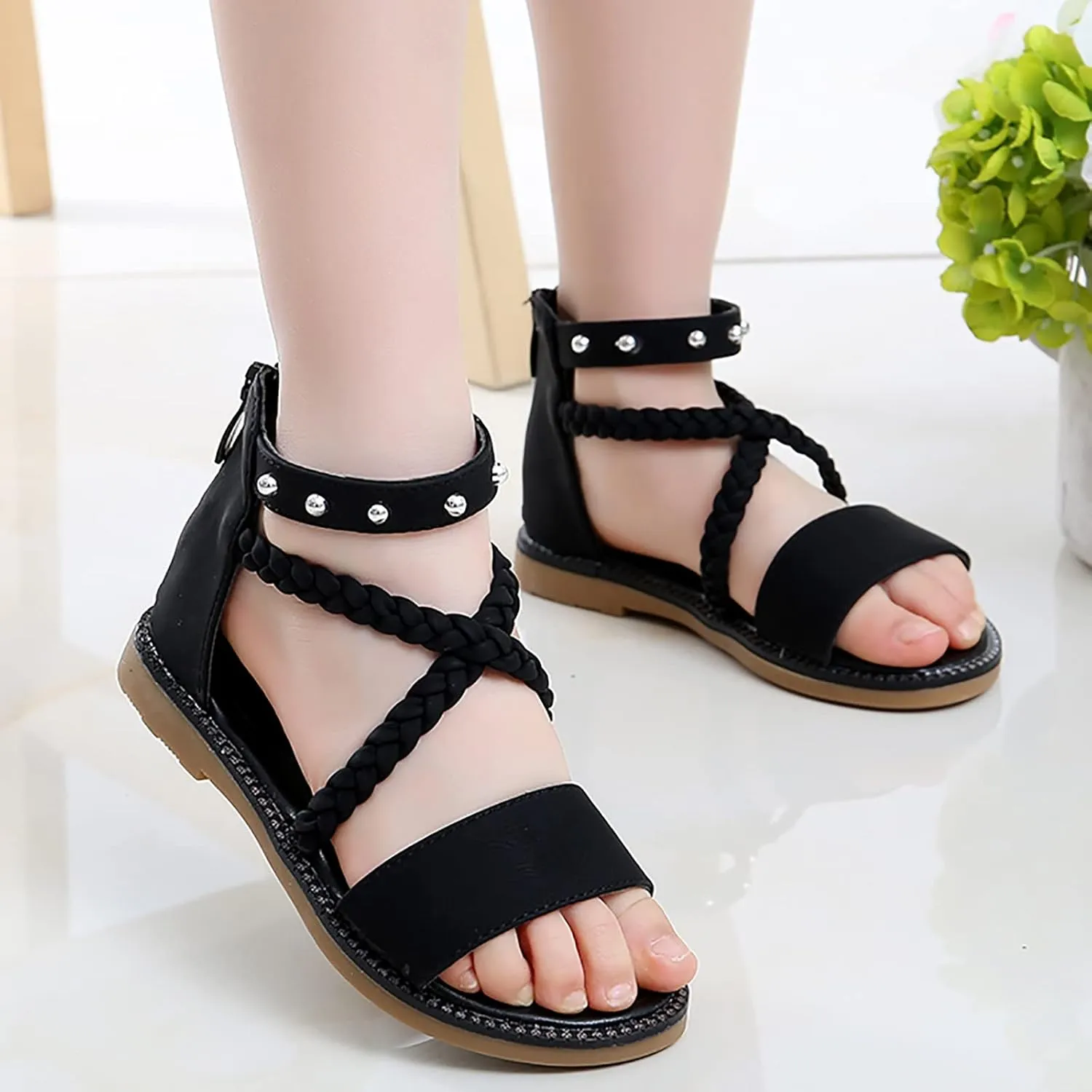 Girls Vintage Roman Sandals Kids Strappy High Top Soft Sole Beach Shoes Flat Open Toe Sandals Toddler Slippers