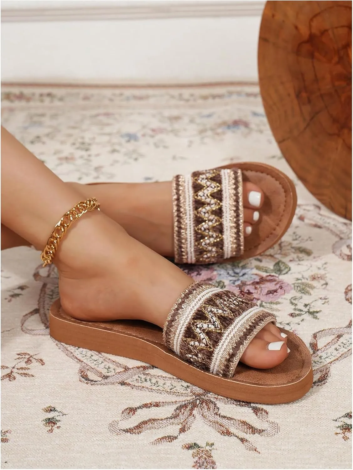 GORGLITTER Women's Braided Boho Flat Sandals Slip On Square Open Toe Beach Slide Sandals
