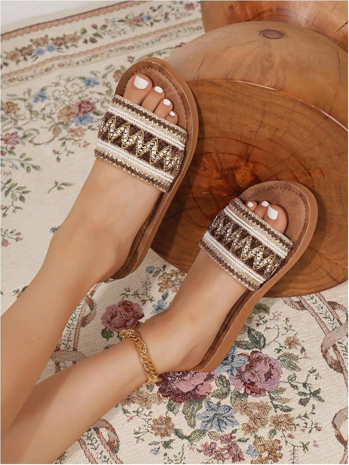 GORGLITTER Women's Braided Boho Flat Sandals Slip On Square Open Toe Beach Slide Sandals