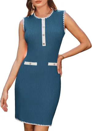 GRACE KARIN Women's 2025 Summer Sleeveless Mini Dresses Button Crew Neck Contrast Elegant Sweater Tank Dress